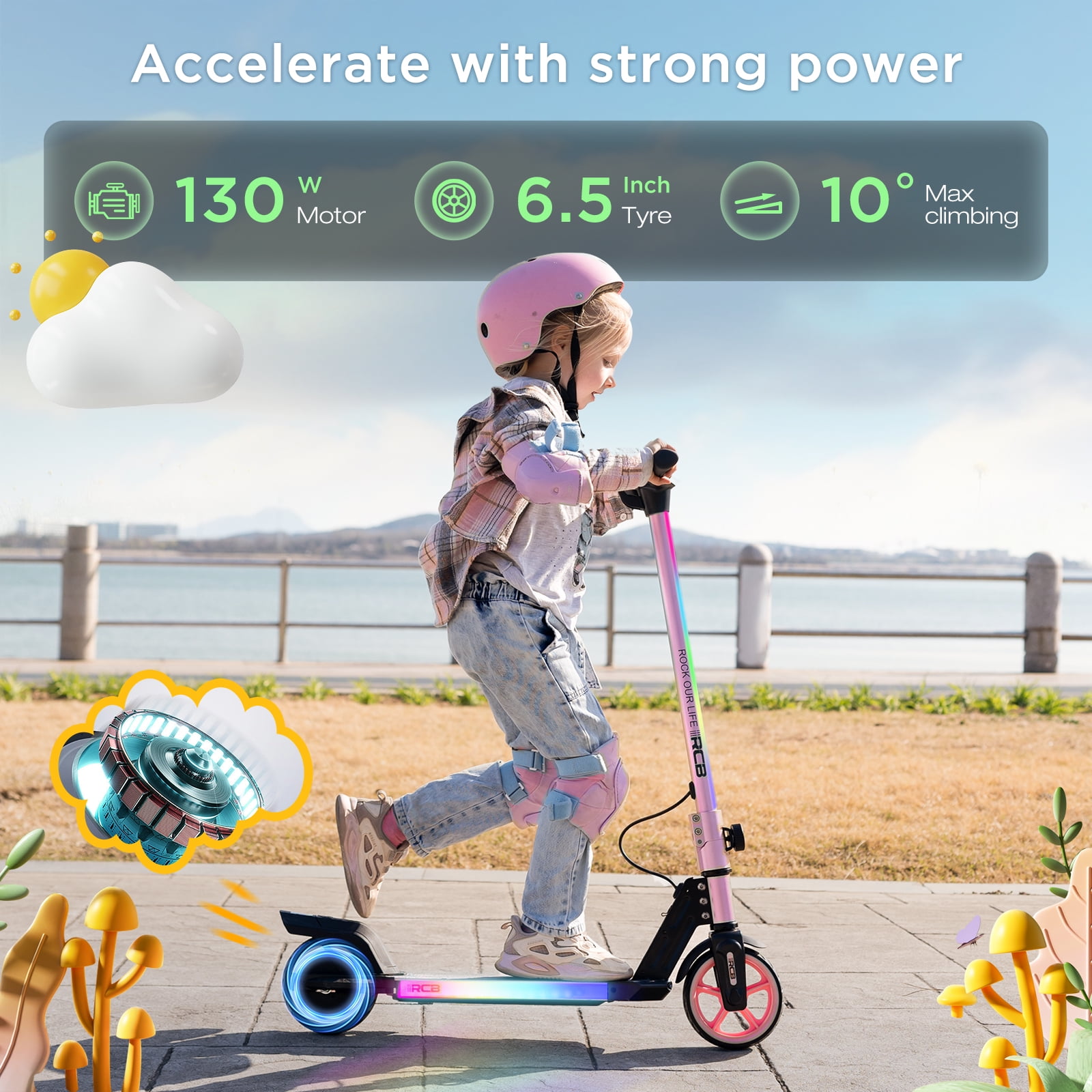 RCB Electric Scooter for Kids,Max Speed 9.3 mph,6.5 Miles Range,Rainbow LED Lights&Display,Foldable&Portable
