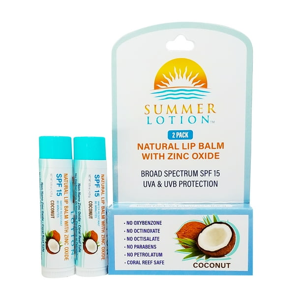 Summer Lotion Natural Lip Balm with Zinc Oxide Sunscreen, SPF 15, 2 Pack, Coconut Walmart
