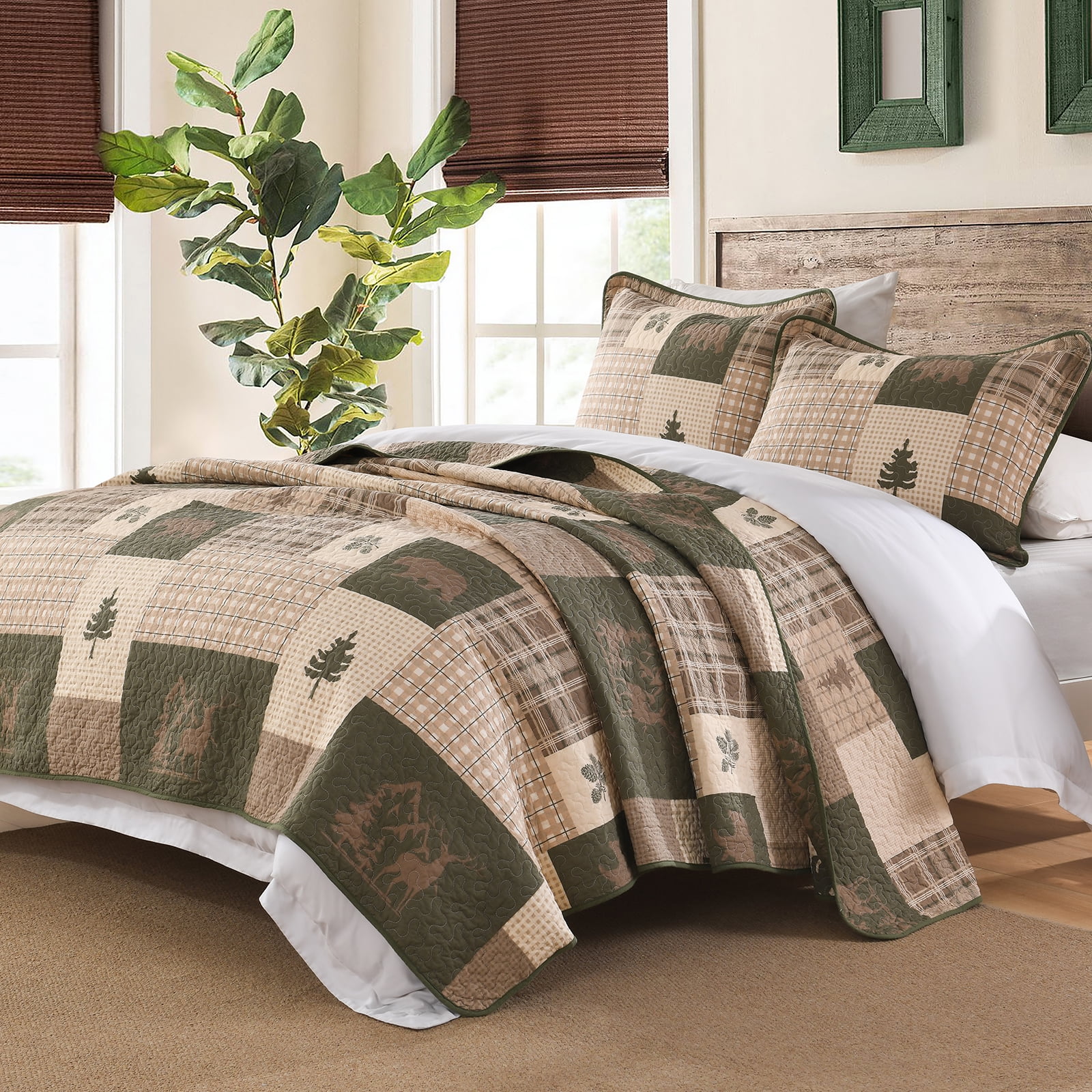 PANGUSHAN 100% Cotton King Quilt Set, Farmhouse Plaid King Size Quilt Bedding Set Bedspreads, Reversible Quilted Lightweight Comforter, Beige/Grayish Green/Brown Bed Spread for King Bed, 3pcs