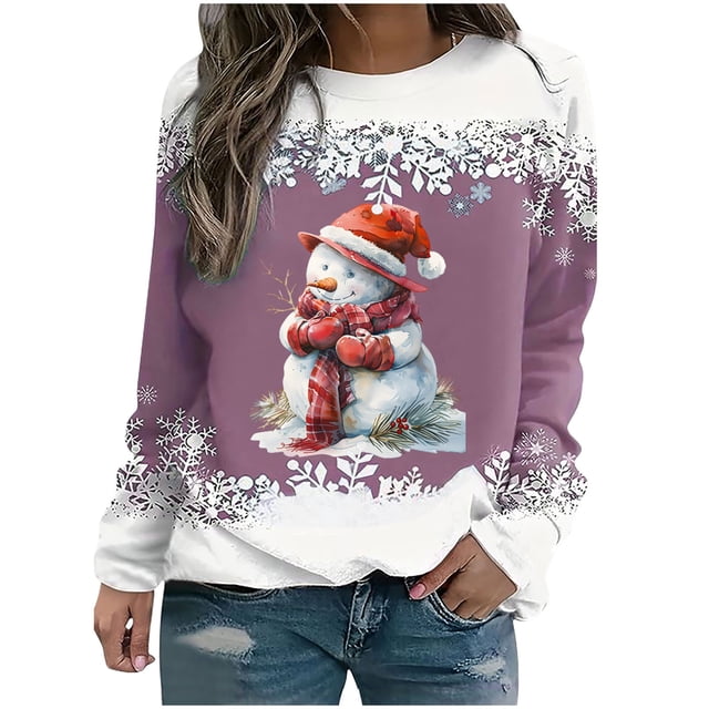 Rbaofujie Chandails Surdimensionnés pour Femmes Noël Mode Décontractée Imprimé Col Rond Ample Manches Longues Hauts Blouse Chandails en Molleton Roses Chandails à Capuchon pour Adolescentes