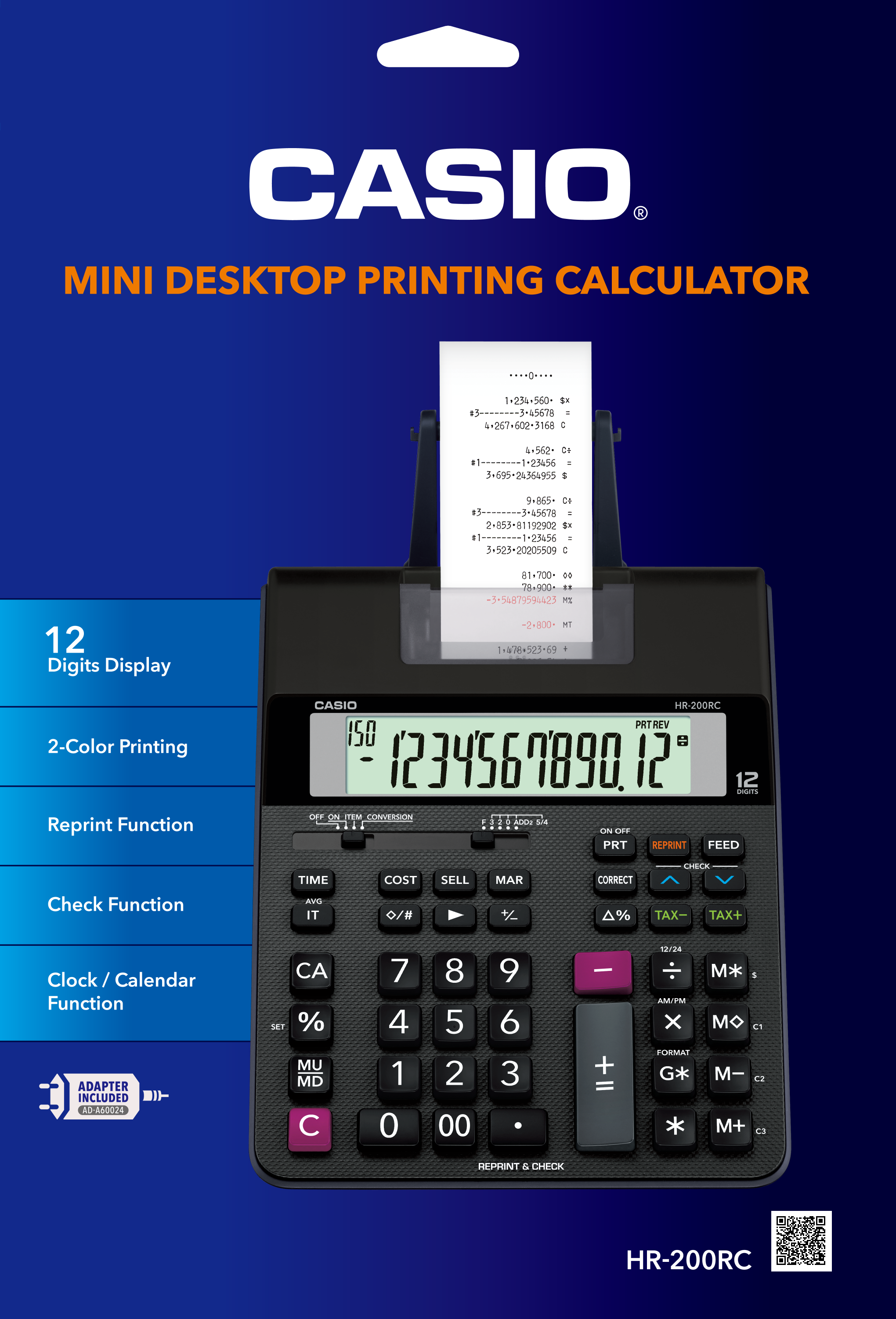 Desktop　Black　Casio　12　Calculator,　HR-200RC　Printing　Digits,
