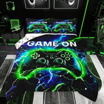 jejeloiu Cartoon Console Gamepad Full Size Comforter Sets,Green Blue Lightning Bedding Comforter Set,Kids Video Game Bedding Sets For Boys Teens,Ultra Soft Home Decor Reversible,3pcs
