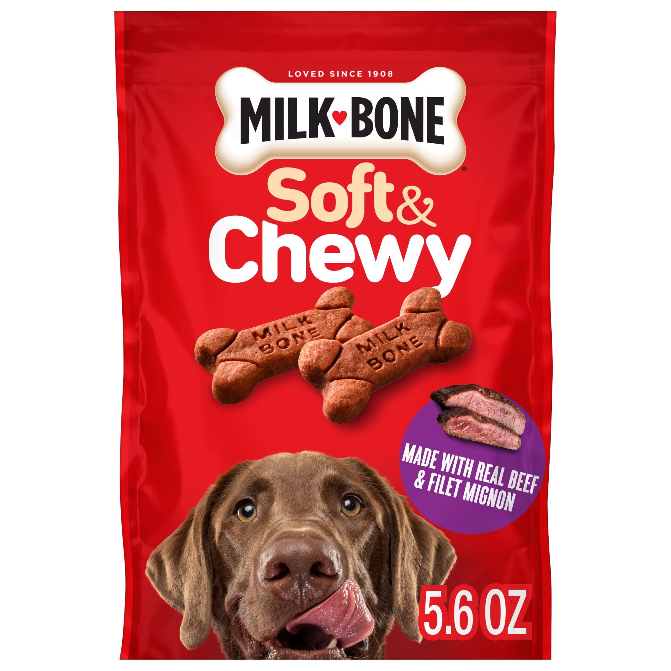 (24 pack) Milk Bone Soft & Chewy Dog Treats, Made with Real Beef & Filet Mignon, 5.6 oz Pouch