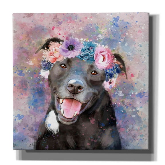 Epic Graffiti 'Flower Crown Staffordshire Terrier' by Furbaby Affiliates, Canvas Wall Art, 37"x37"