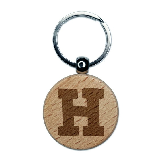 Letter H Uppercase Fun Bold Font Round Keychain Charm Tag - Engraved Wood