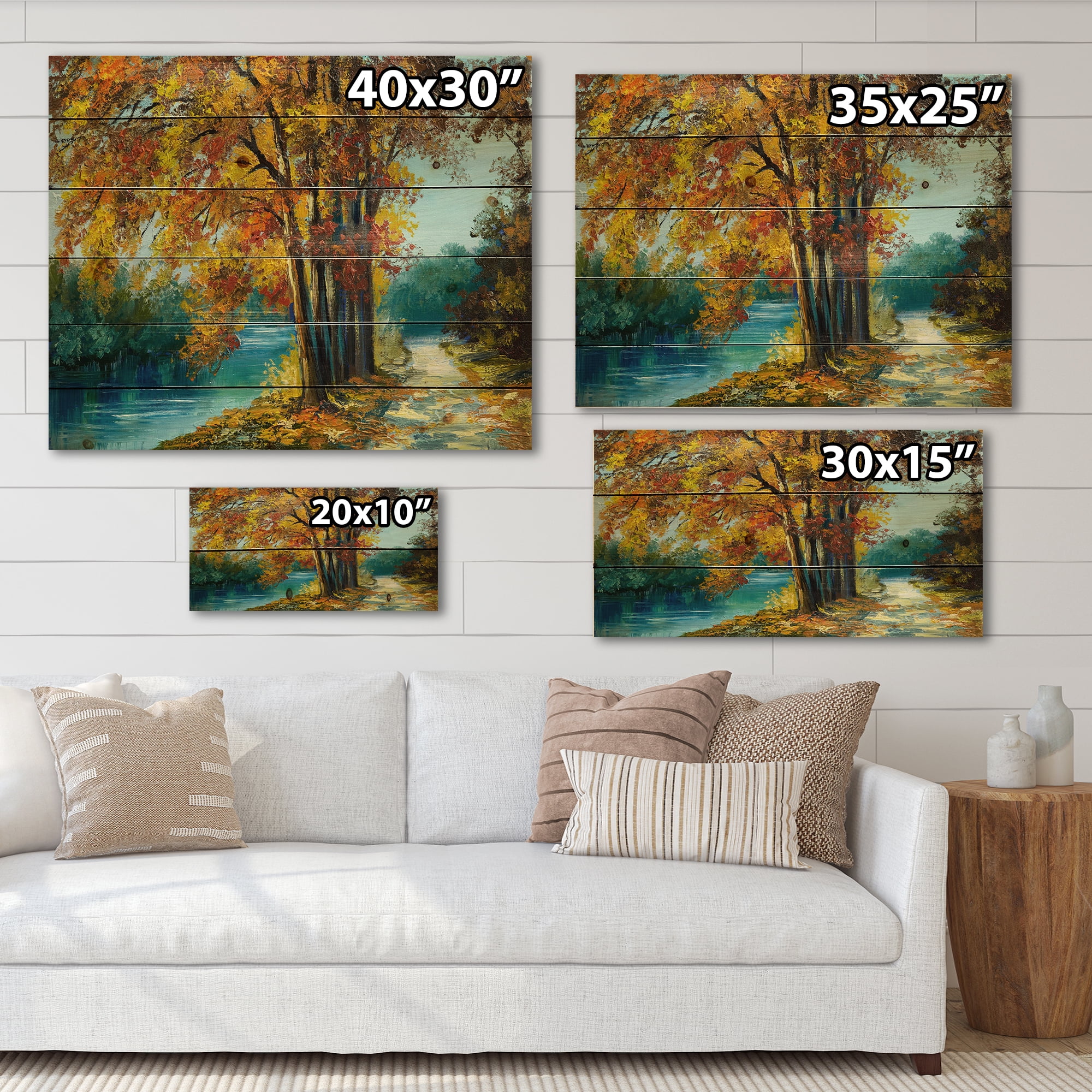 Designart 'Abstract Trees In Warm Autumn Colors By Bright Blue River' Traditional Print on Natural Pine Wood
