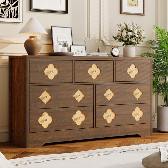 Brown Dresser for Bedroom with 7 Decorative Front Drawers, 54'' Wide Chest of Drawers with Large Clothes Storage Cabinet, Wood Bedroom Dresser, TV Stand for Nursery, Living Room, Hallway