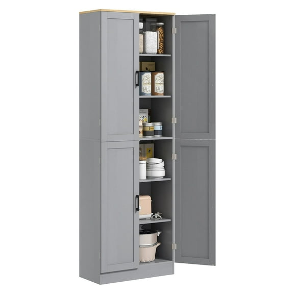 Freestanding Kitchen Pantry - 4-Door Cabinet with Adjustable Shelves, Distressed White