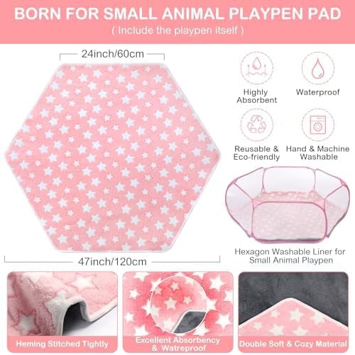 Hamster Playpen with Mat Small Animal Cage Tent Breathable Transparent Guinea Pig Playpen Waterproof Portable Yard Fence Mat Foldable Exercise Playpen Outdoor Indoor (Pink,Star)