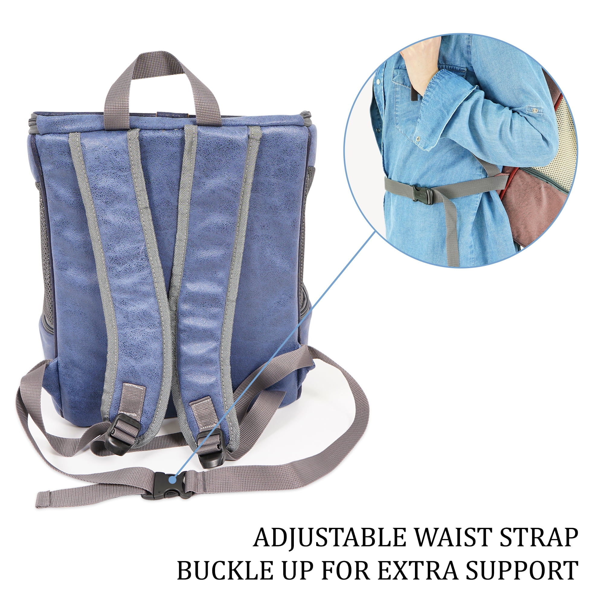 Airline Approved Dog and Cat Backpack Carrier for Small Dogs - Water, Stain Proof Dog Hiking Backpack with Mesh Cover, Waist Belt - BLUE-LEATHER