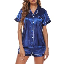 Women's Satin Pajama Set Short Sleeve Pajamas Button Up Soft Cool Silky Pjs 2 Piece Fall Summer Comfy Peacock Blue Large