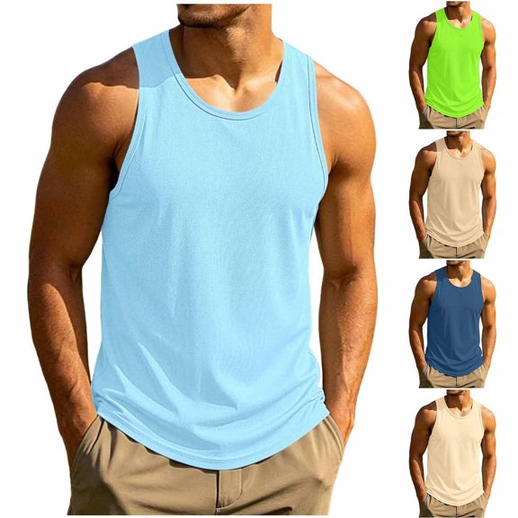 Men's Solid Color Muscle Tank Top Sleeveless Crewneck Casual Base Layer Tops Summer Fashion Gym Workout Beach Vest Quick Dry Breathable Training Essential | JASKFLY,Beige L