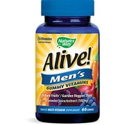 Alive! Men's Gummy Vitamin, Complete Multi-Vitamin Supplement with Orchard Fruits/Garden Veggies Blend of Powder/Juice/Extract, 60 Gummies.
