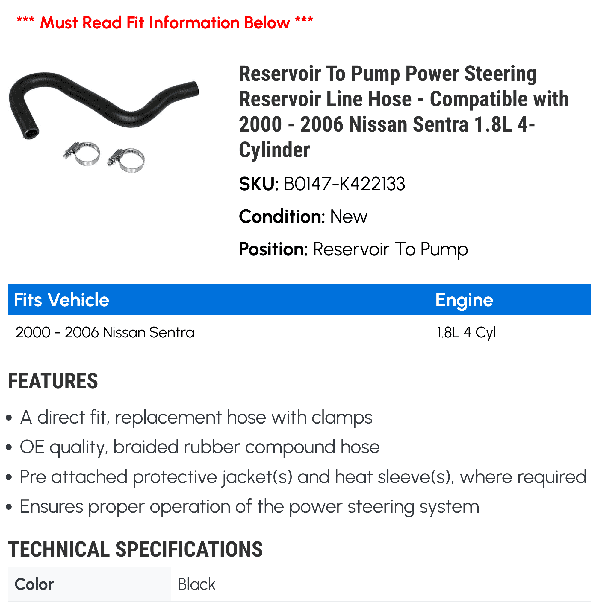 Reservoir To Pump Power Steering Reservoir Line Hose - Compatible with 2000 - 2006 Nissan Sentra 1.8L 4-Cylinder 2001 2002 2003 2004 2005