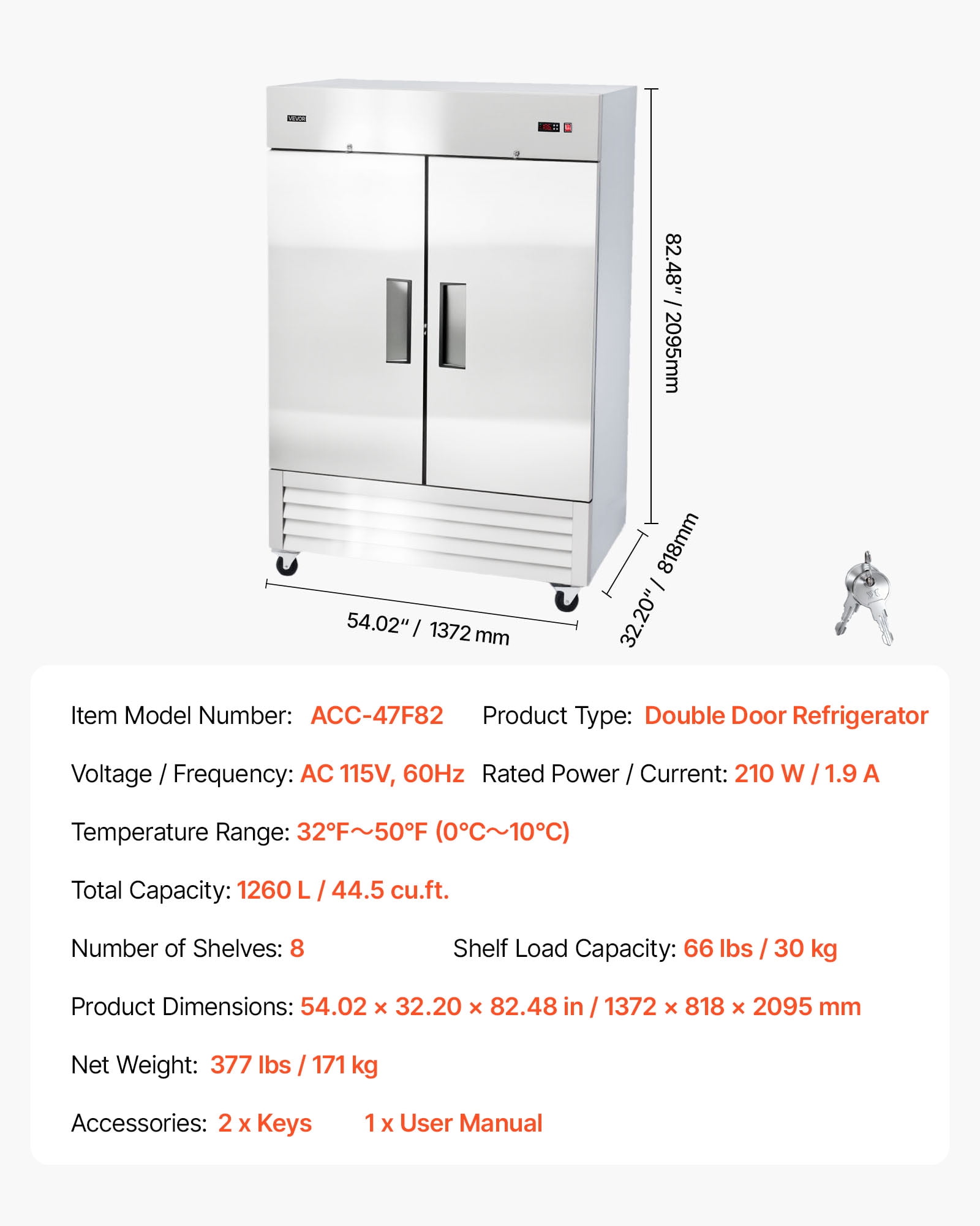 VEVOR Commercial Reach-In Refrigerator 54" W, 44 Cu.Ft Stainless Steel Upright Refrigerator with Double Doors, Auto-Defrost, 8 Adjustable Shelves, 32 to 50℉ Temp Control, ETL Certified