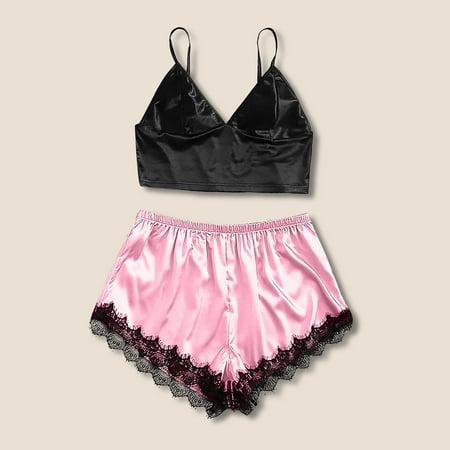 

Qcmgmg 2 Pack Bra Shorts Solid Color Eyelash Pjs Sleepwear Nightgown Sexy Lace Pajamas Set for Women