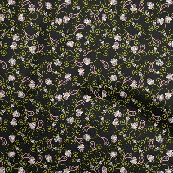 oneOone Polyester Spandex Black Fabric Asian Paisley Floral Quilting Supplies Print Sewing Fabric By The Yard 56 Inch Wide