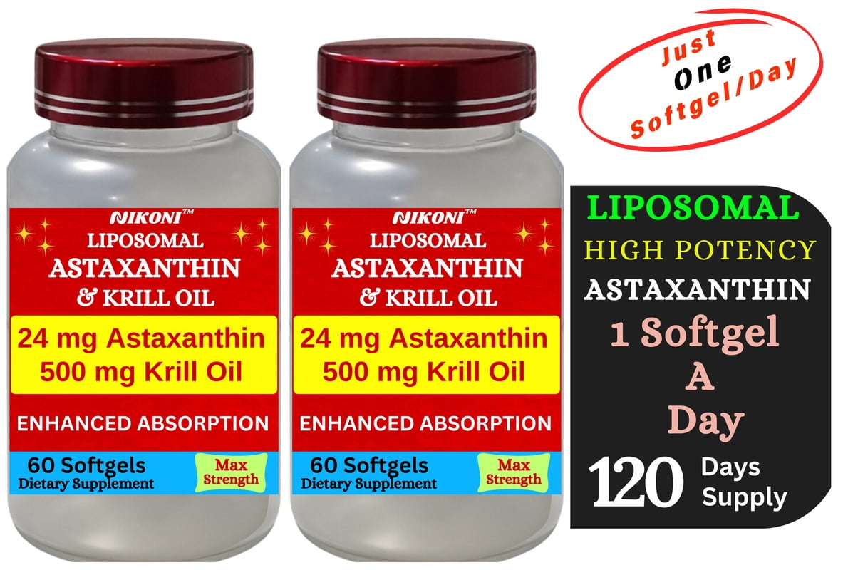 Nikoni Liposomal Astaxanthin & Krill Oil, 24 mg Antioxidant with Omega-3s, Supports Cellular, Joint & Heart Health, Gluten-Free, 120 Softgels