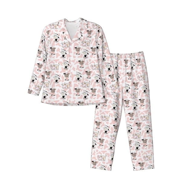 Balery Cute Cartoon Cows Pijama para Hombre de Dos Piezas con Manga Larga, Conjunto de Dormir y Descanso Suave con Bolsillos-XX-Large