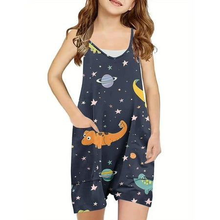 AJTQTH Rompers for Girls Cute Cartoon Printed Jumpsuit V-Neck Spaghetti Straps Onesie with Pockets Comfy Lightweight Playsuit Bodysuit Outfits for Summer Casual Dark Blue 13 Years