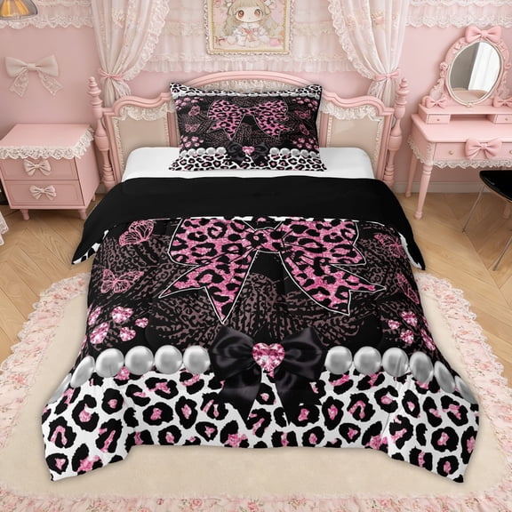 Erosebridal Leopard Print Bow Pearl Twin Comforter Sets for Girls, Pink Glitter Print Ribbon Bedding Set, Black Reversible, 2pcs