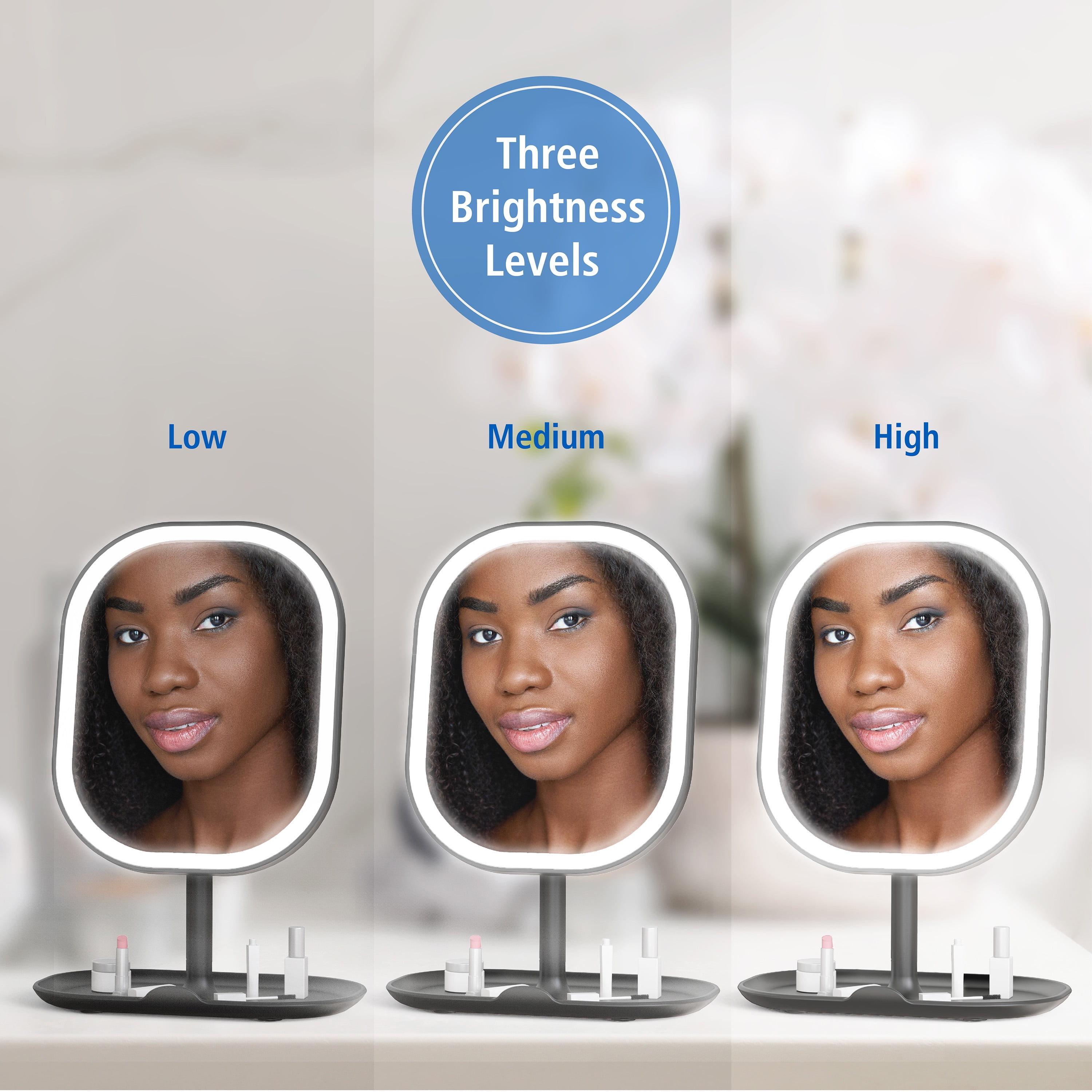 Mainstays LED Makeup Mirror, Rechargeable Vanity Mirror with Lights and Storage Tray Base, Black