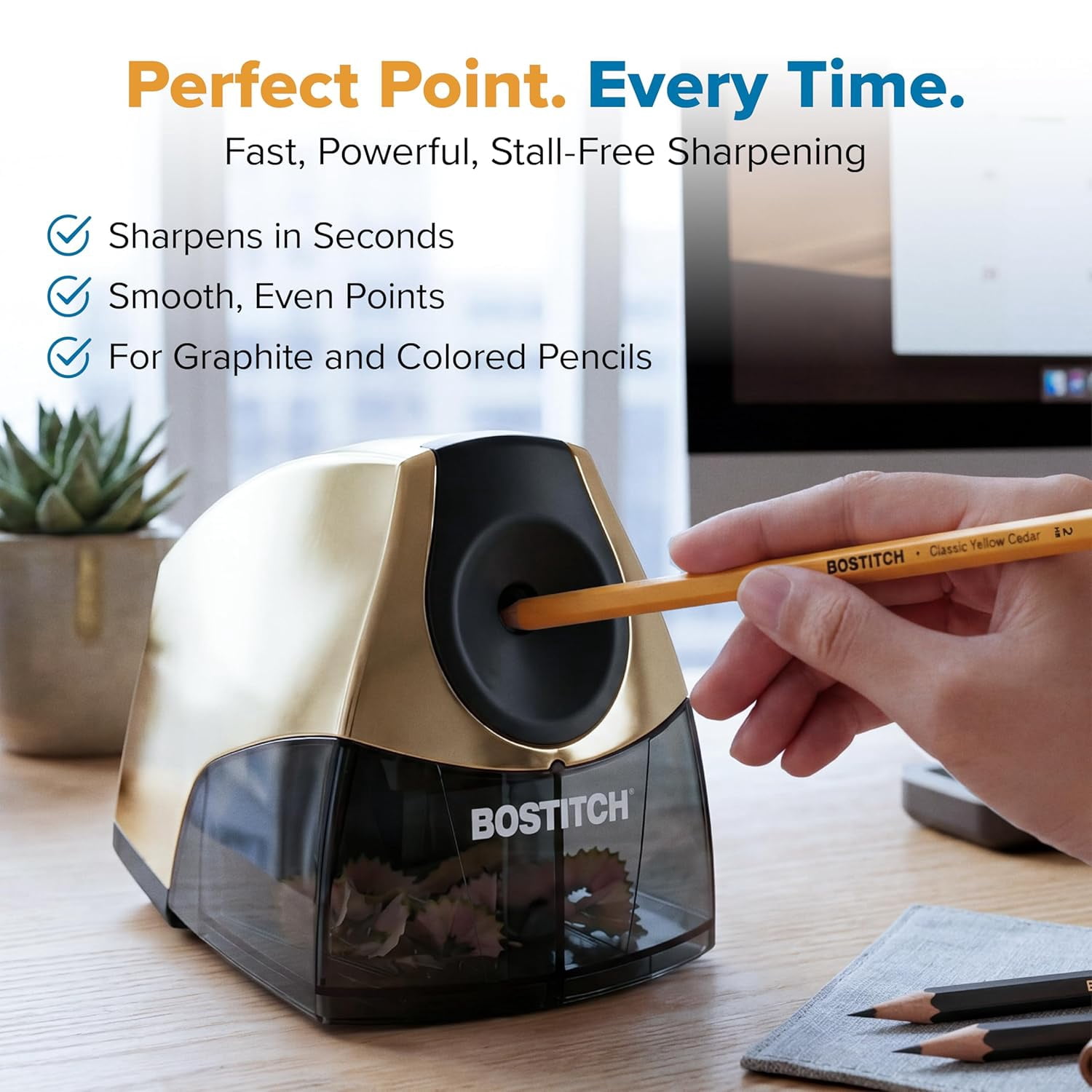 Office Electric Pencil Sharpener for Classroom & Desk Use, Heavy-Duty Stall-Free Motor, High-Capacity Shavings Tray, Gold Chrome