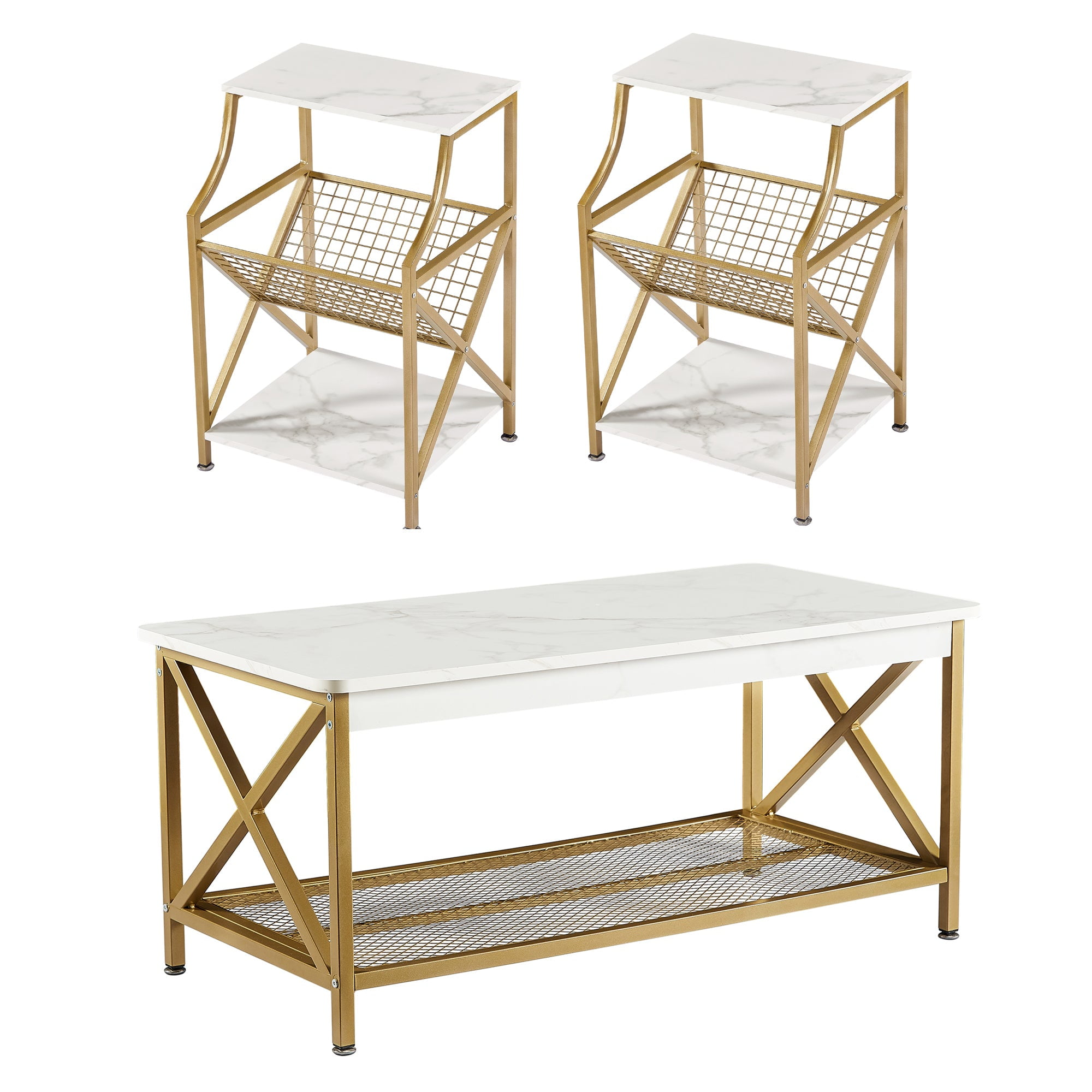 VECELO 3Piece Coffee Table Set with Coffee Table and 2 End Side Tables