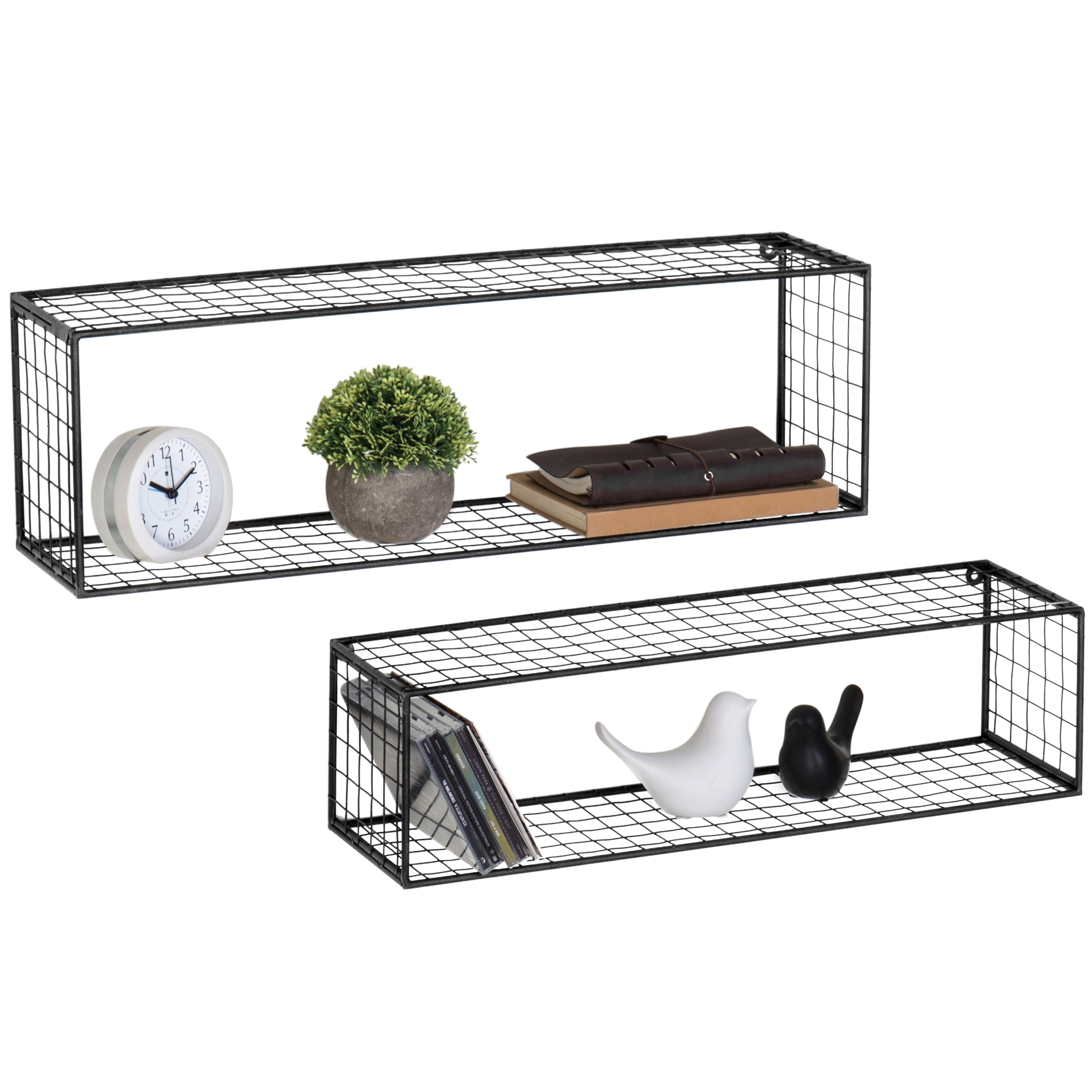 MyGift Black Metal Wire WallMounted Rectangular Floating Shelves, Display Shadow Boxes, Set of