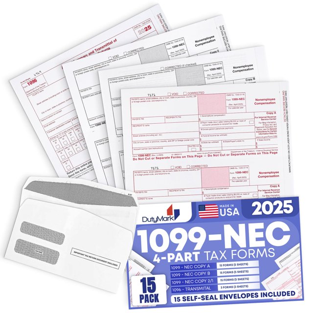 Formularios fiscales Dutymark 1099-NEC de 4 partes, paquete de 15 con sobres
