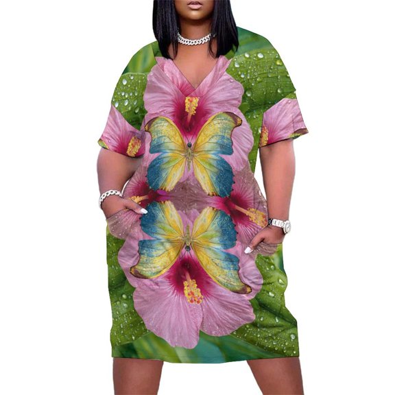 Womens Casual Dresses Colorful Butterflies Hibiscus Flowers Tropical Paradise Short Sleeve Dress Summer Dresses for Women 2025