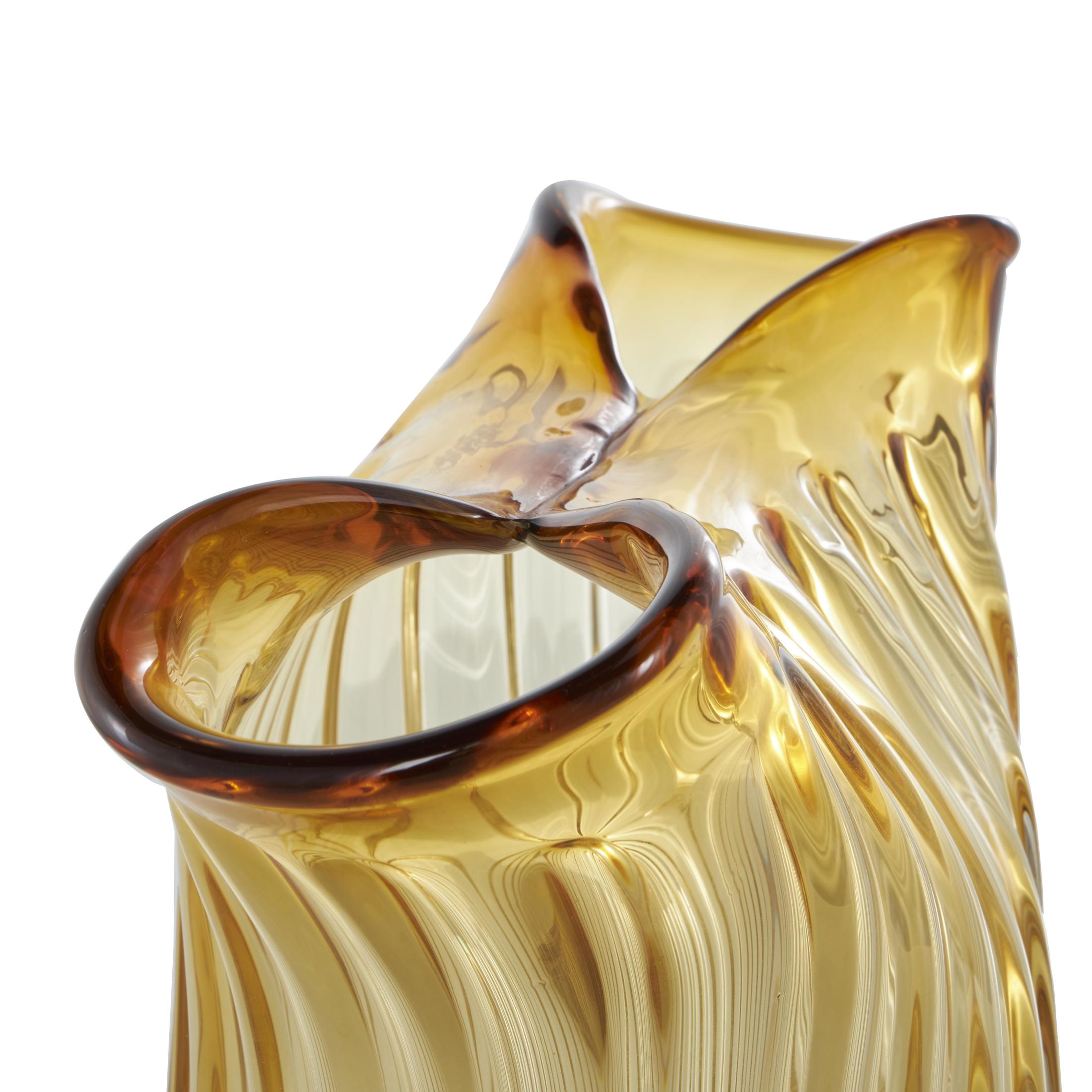 DecMode 7" Oval Ribbed Ombre Abstract Orange Glass Decorative Bowl with Folded Curve Opening