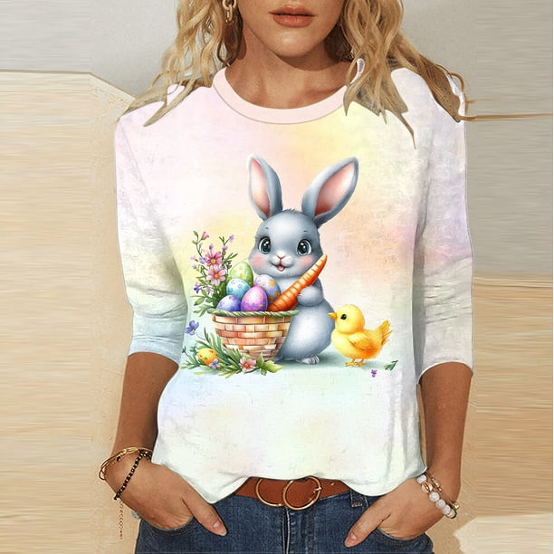 TaTaai Women Loose Casual Pullover Tee Easter Print Crew Neck 3/4 Sleeve Stylish Top Ladies Spring Holiday Gathering Wear Soft Comfortable No Fading High-Rated Top Gift