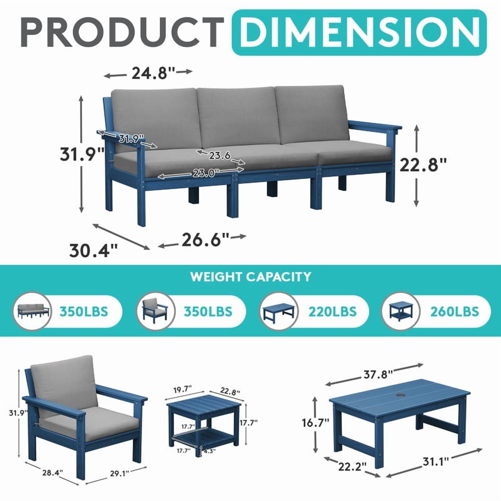 FUNDAZE Oversize 5 Pieces Patio Furniture Sets, Waterproof HDPE Frame Outdoor Conversation Sets Perfect for Patio, Poolside & Backyard, Navy Frame with Gray Cushion