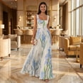 thumbnail image 2 of Women Square‑Neck Sleeveless Blue‑Iris Floral Print Belted Pleated Flowy Maxi Dress, Elegant Casual Summer Long Dress, 2 of 9