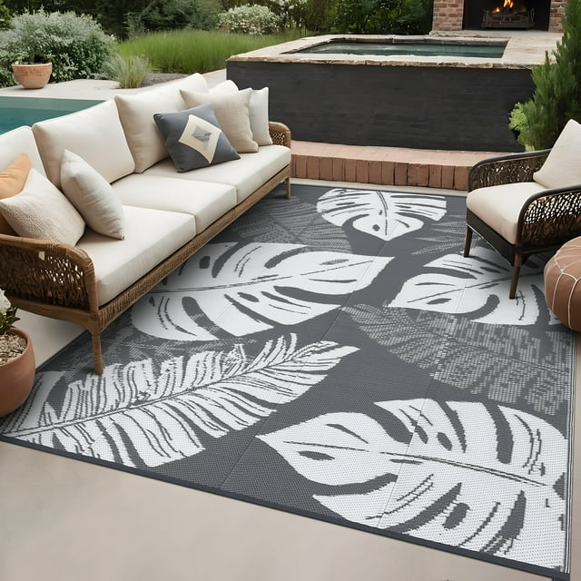 Hasoo 8' x 10' Gray/White Outdoor Rug Plastic Straw Rug Floral Waterproof PP Tube Woven Picnic Mat for Patio Decor Porch Balcony Picnic Rug