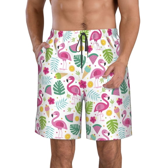 Logiee Cute Flamingo Print Mens Swim Trunks Quick Dry Board Shorts,Breathable Hawaii Beach Shorts Swimwear Bathing Suits-Small