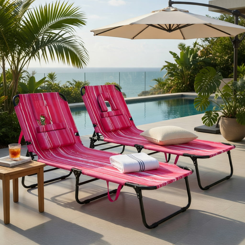 Hommoo Adjustable Beach Chaise Lounge Chair with Face Hole, Removable Pillows & Foldable Design, Blue