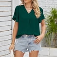 thumbnail image 2 of Camisetas de manga corta con cuello en V para mujer, camisetas informales plisadas de Color puro a la moda para mujer, camisetas de verano para viajes diarios, oficina, verde oscuro M, 2 of 6