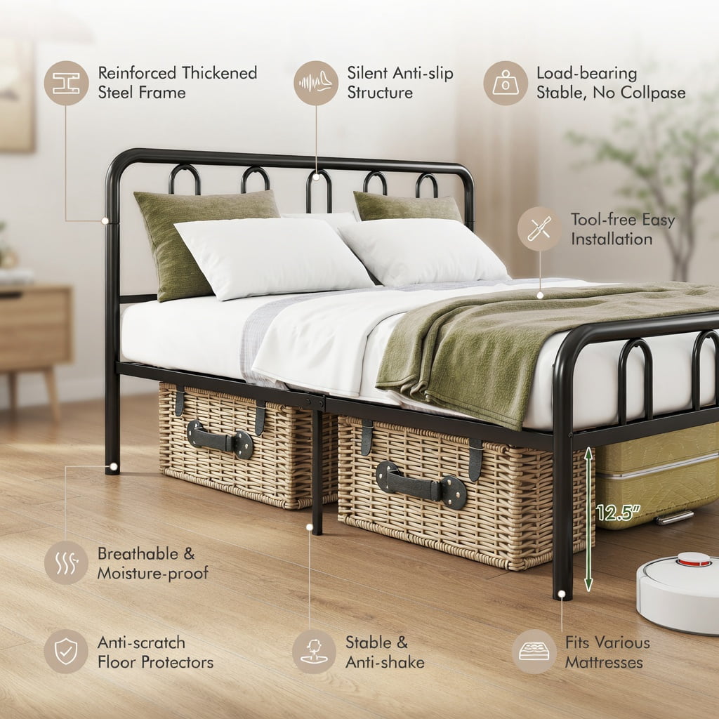 Demi Bonn King Size Metal Bed Frame, Headboard & Footboard, 1100LBS Capacity, Rustproof Finish, Noise-Reduction Foam & Non-Scratch Pads, Black