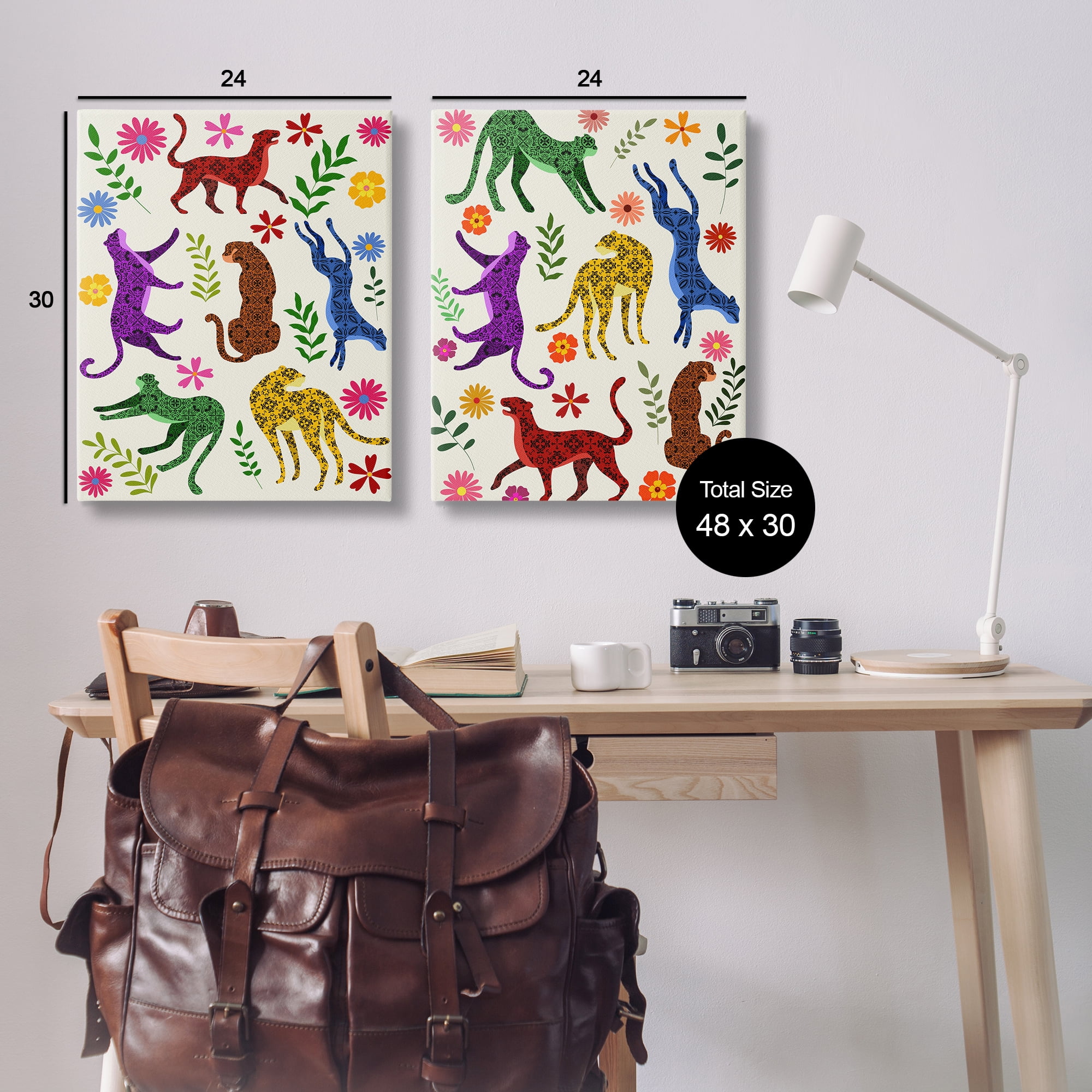 Stupell Industries Patterned Floral Jungle Cats Animals Painting Wrapped Canvas Art Print Wall Art, 24 x 30, Set of 2