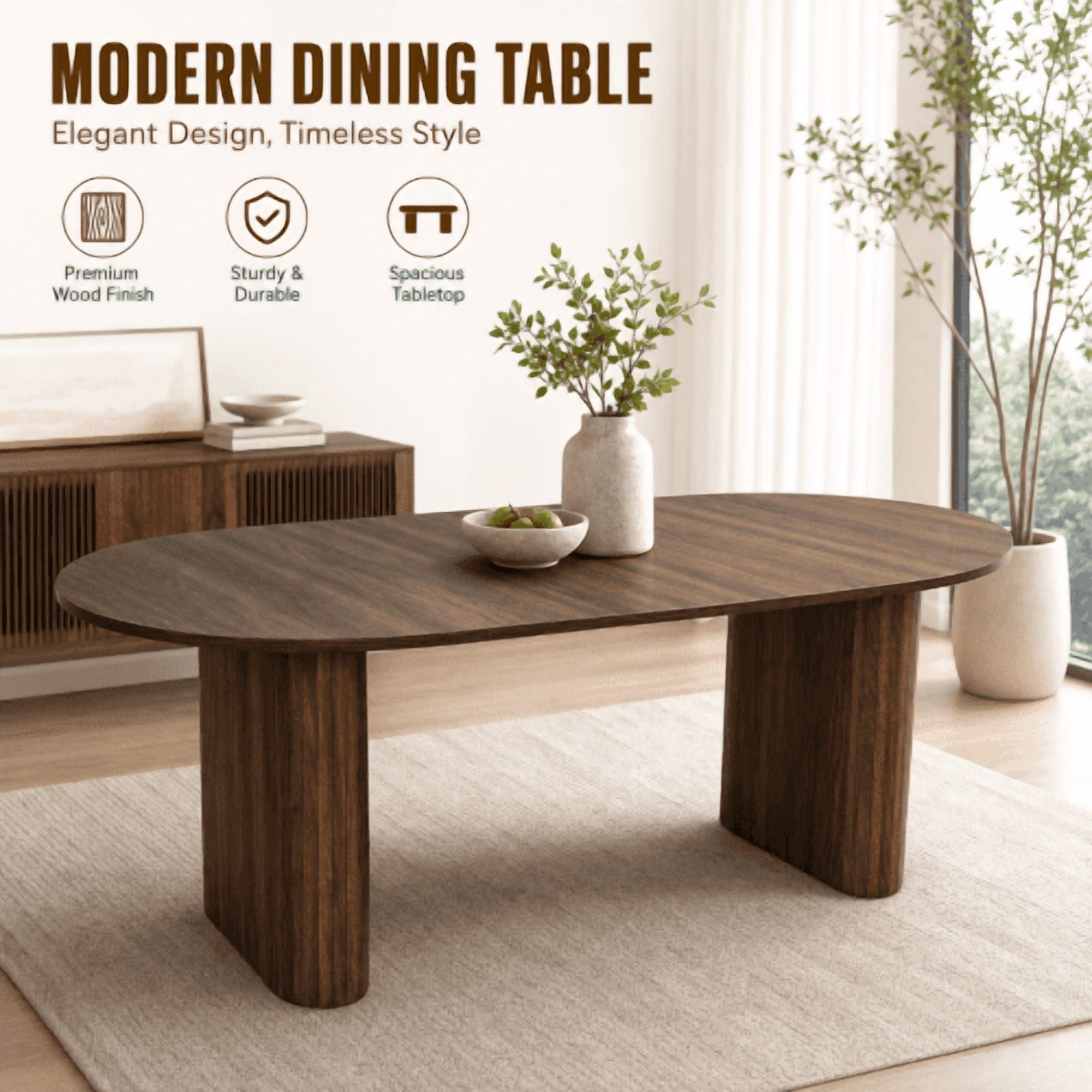 70.8" Oval Dining Table for 4-8 People, Modern Farmhouse Kitchen Table with Wood Strip Base, Walnut