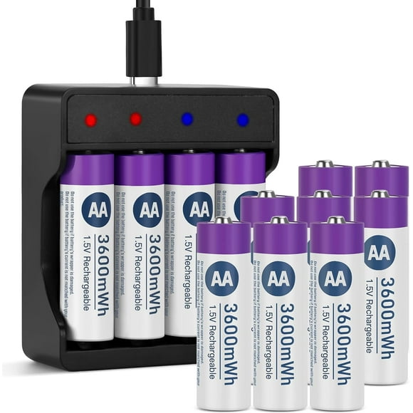 AIR-12 Pack Lithium Rechargeable AA Batteries,3600mWh High Capacity 1.5V Constant Voltage Li-ion Battery with Charger,Long Lasting AA Size Batteries for Blink Camera,Xbox Controller