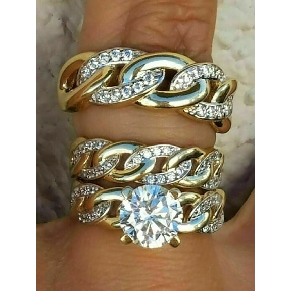 2.20Ct Round Cut Simulated Diamond Wedding Trio Ring Set 14K Yellow Gold Plated 925 Silver