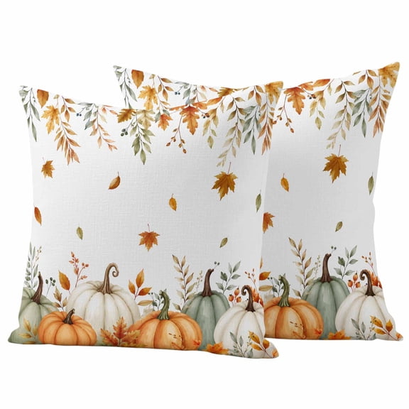 Orange Green Pumpkins Fall Outdoor Waterproof Pillow Covers, Thanksgiving Maple Leaves Decorative Square Throw Pillowcase Sofa Cushion Sham for Patio/Couch/Chair, 16"x16" 2 Pack