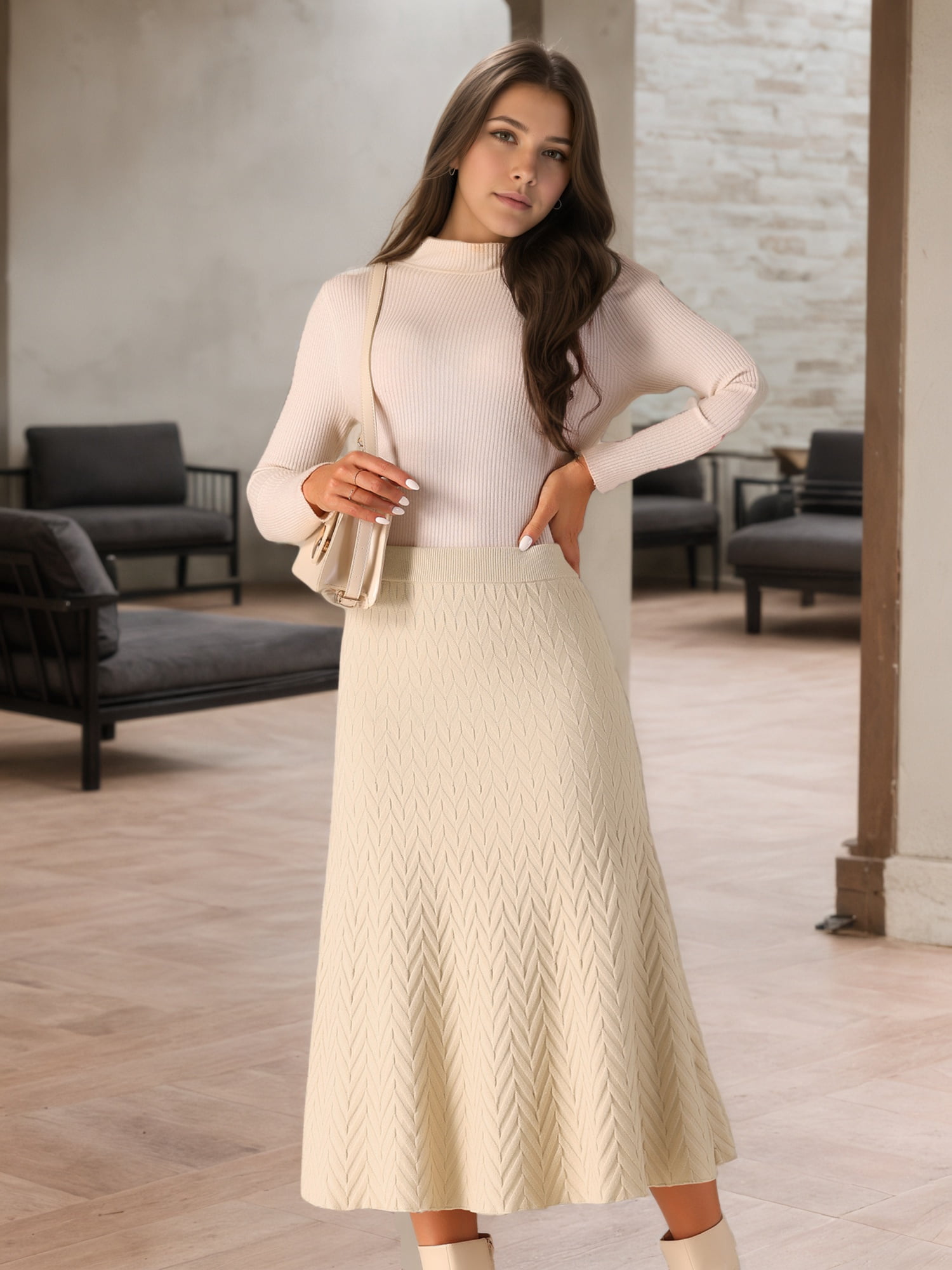 DARING DIVA Women's A-Line Skirts Stretchy Sweater Midi Skirt S Beige