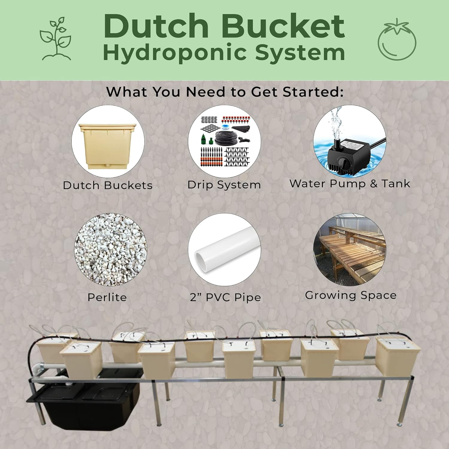 10 Pack Tan Dutch Bucket Hydroponic System – 11 Liter (12" x 10" x 9") Bato Buckets with Siphon Elbows – Indoor & Outdoor Hydroponic Growing Planters