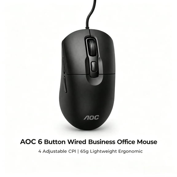 AOC MS170B Multi-Functional Wired Optical Mouse, 65g Portable Compact Size, 4-Gear 3600 Max DPI Adjustment, Non-RGB Lighting, USB Port, 1.6m Extended Cable, 6-Key Mouse for Desktop & Laptop Daily Use