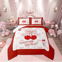 Manfei Red Cherry Bowknot Full Size Comforter Sets for Girl, Cartoon Princess Ribbon Bedding Comforter Set, Initial A Letter Reversible Bedding Sets, Lightweight Room Decor, 3-Piece