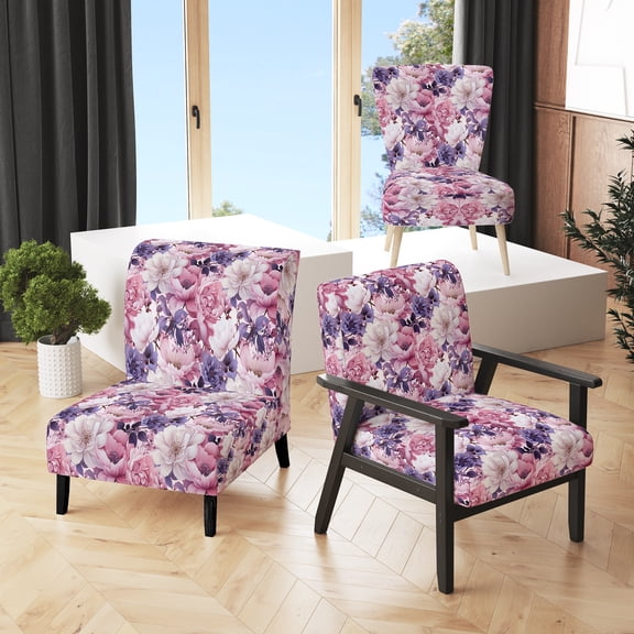 Designart "Purple Springtime Bloom III" Pink Floral Upholstered Accent Chair - Cottage Arm Chair For Living Room